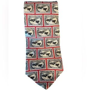 📈📊100% Silk Postage themed tie with $1 stamps. Black, red, white hues